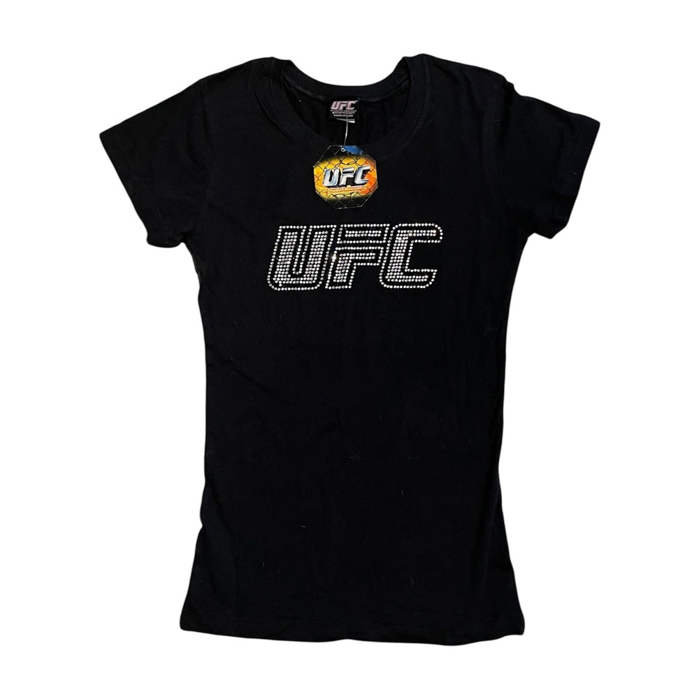 UFC Womens Rhinestone Logo T-Shirt Black Cotton Short Sleeve Medium NWT 2008